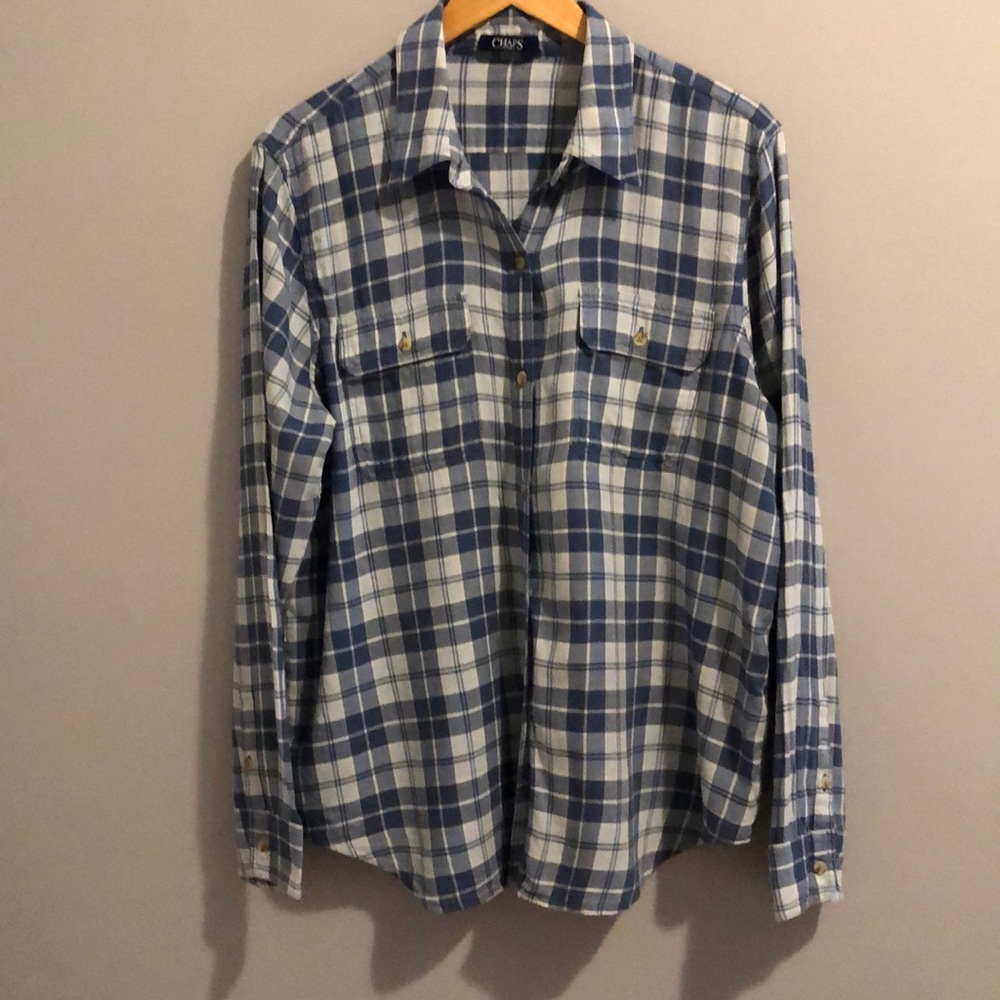 CHAPS BLUE PLAID LONG SLEEVED BUTTON UP SHIRT (XL)